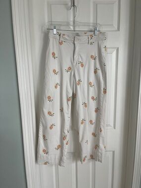 Embroidered White Wide-Leg Floral Pants